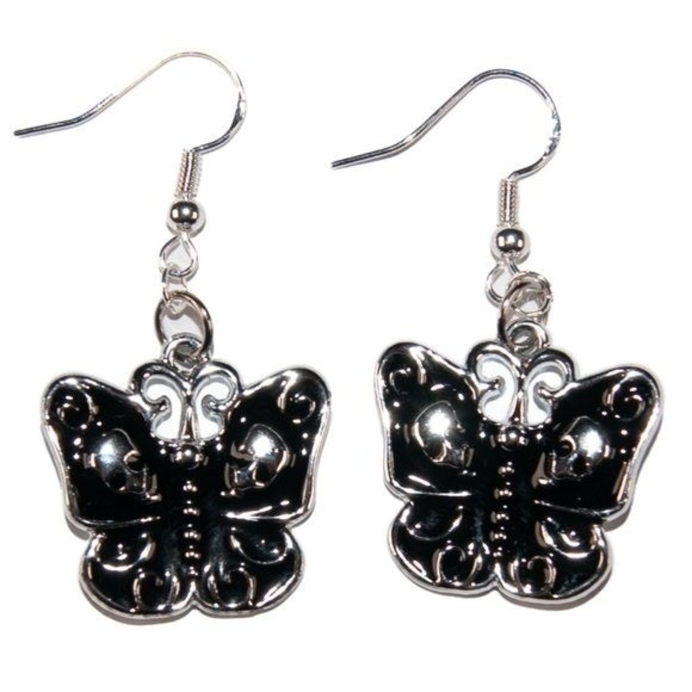 Gothic Skull Butterfly Earrings Handmade Black Silver Hypoallergenic 925 Hooks